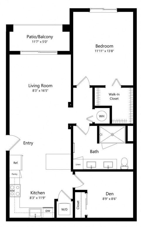 One Bedroom Floor Plan with 867 Sq. Ft. at Boca Vue Luxury Apartments in Boca Raton, FL